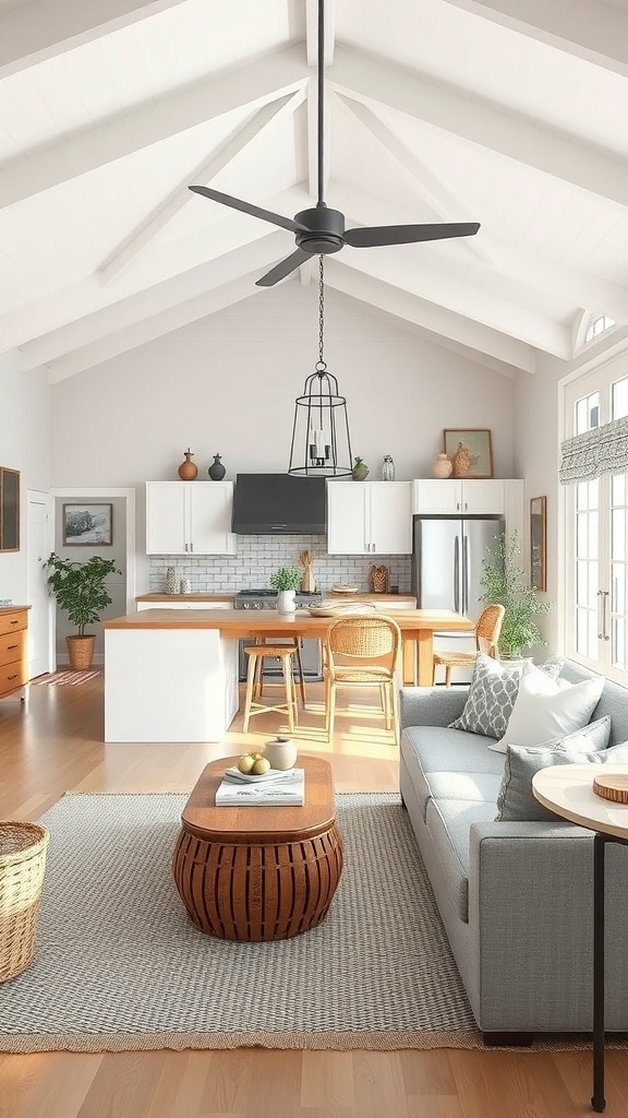 A modern coastal farmhouse living space with an open concept design, featuring a cozy sofa, wooden coffee table, and a bright kitchen area.
