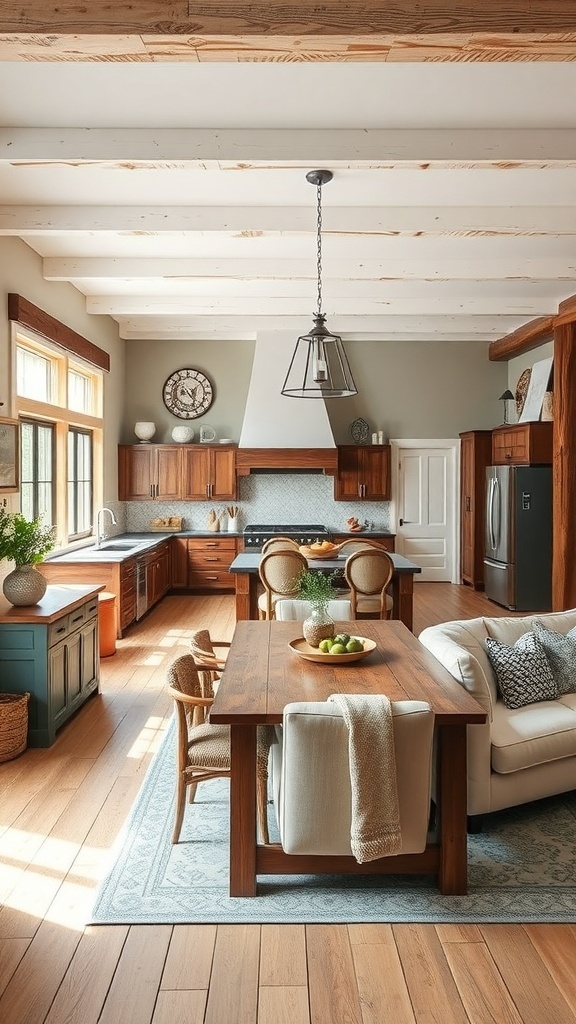 A rustic farmhouse kitchen and living area with wooden beams, a large dining table, and cozy seating.