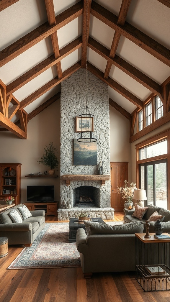 A rustic living room with high ceilings, wooden beams, and a stone fireplace.