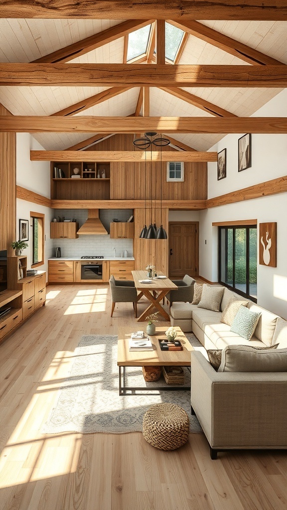 A rustic open concept living space featuring wooden beams, a cozy sofa, and a dining area with a large table.
