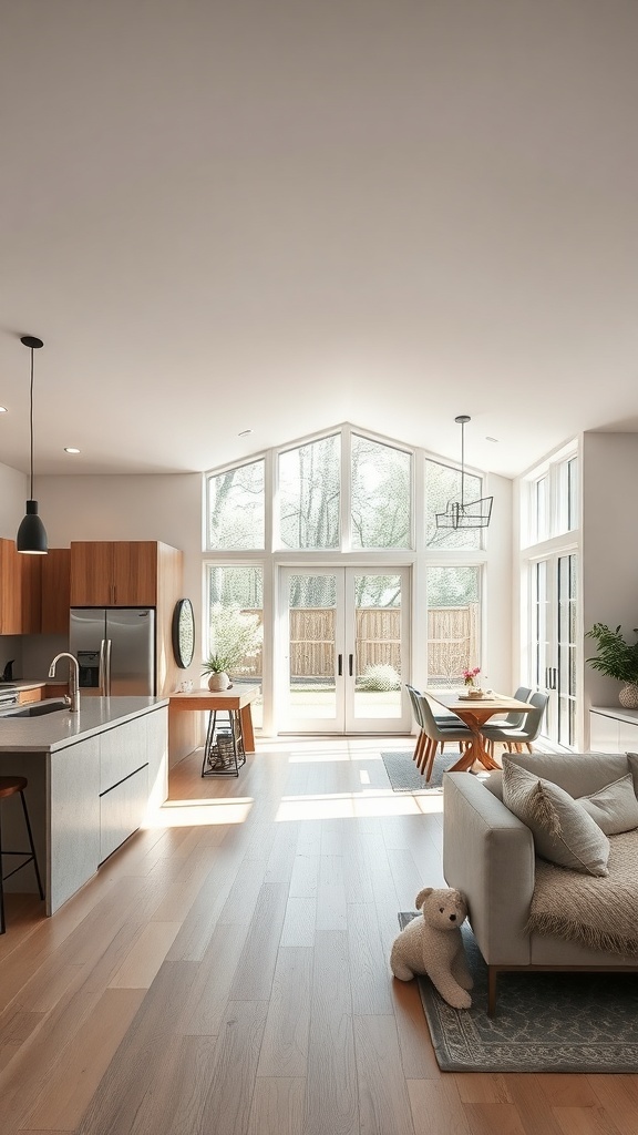 A modern rustic open concept living space with large windows and natural light.