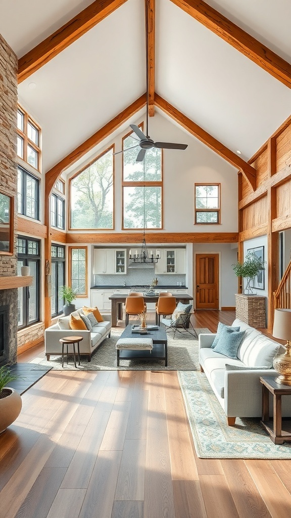 A spacious open concept living area with high ceilings, large windows, and rustic modern decor.