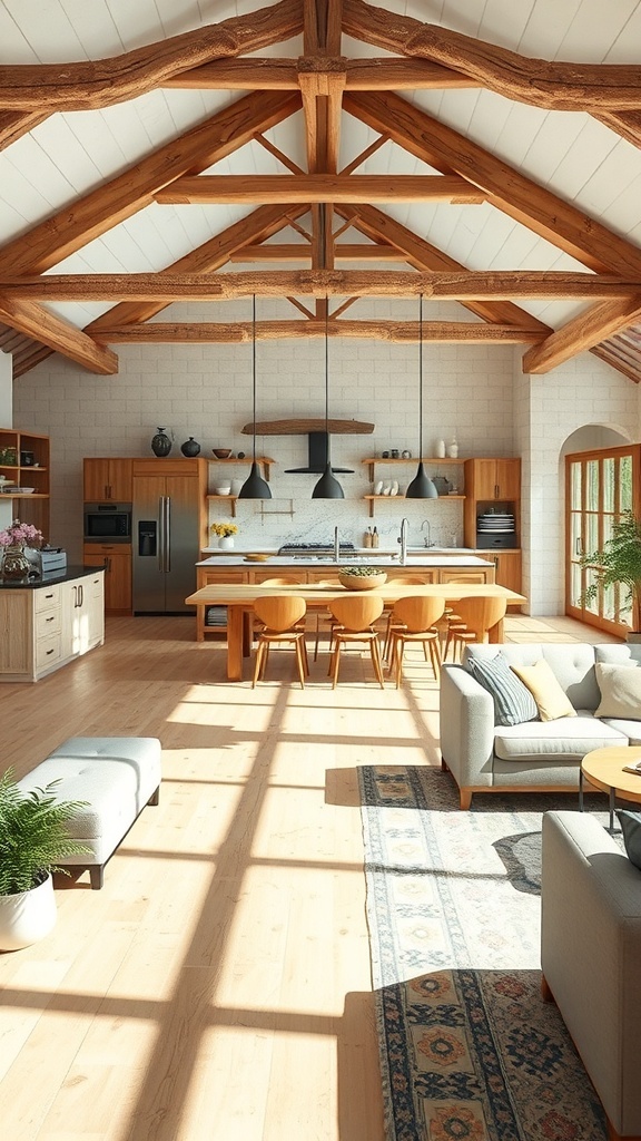 Interior of a rustic house featuring an open concept living area with wooden beams and modern furnishings.
