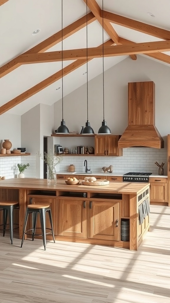 Rustic kitchen island in an open concept living space with wooden beams and modern decor.
