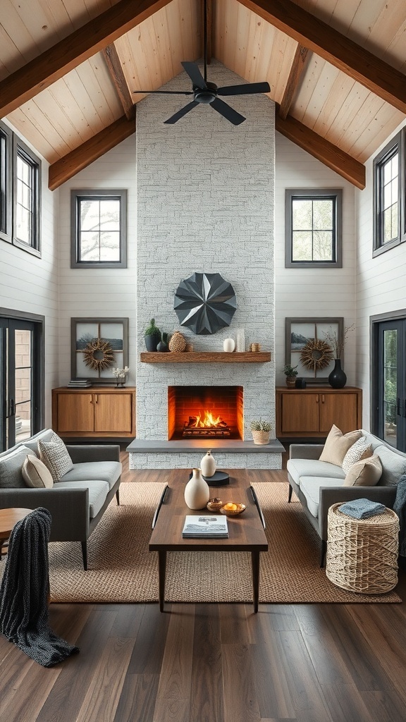 A rustic farmhouse-style living room featuring a central fireplace, comfortable seating, and warm decor.