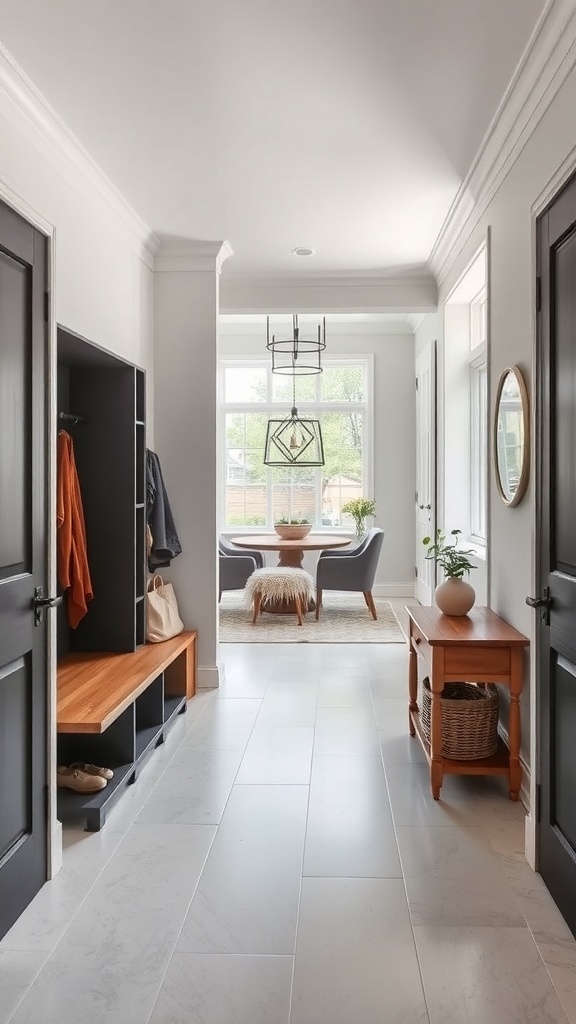 A modern mudroom featuring a sleek design with storage and seating.