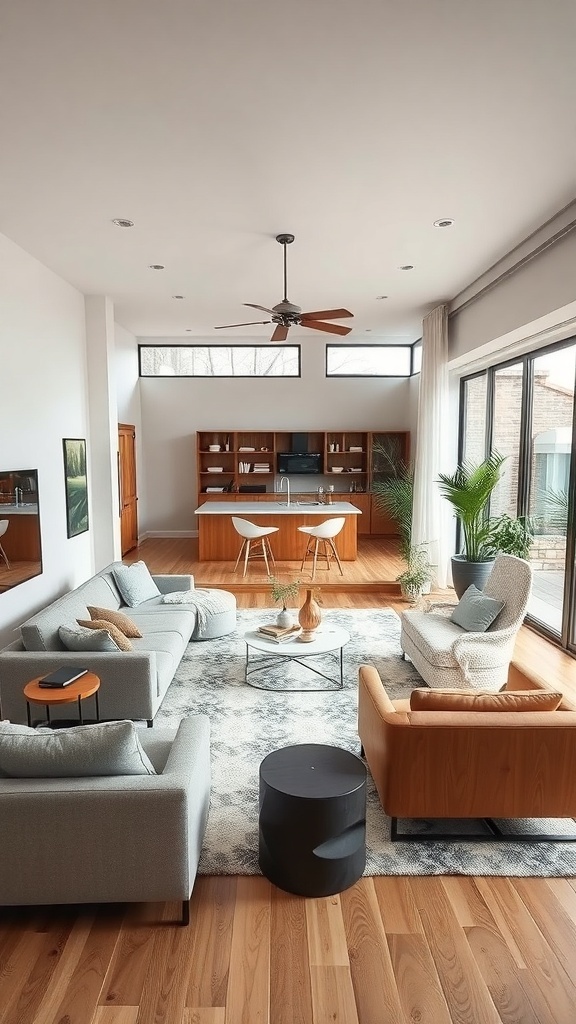 A contemporary open concept living room featuring multifunctional furniture.