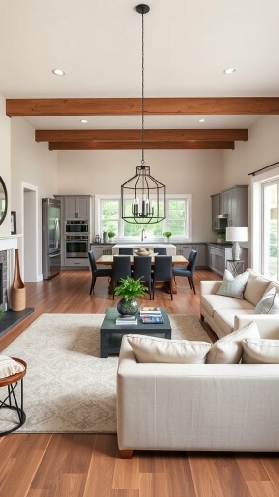 Modern farmhouse living room with open floor plan, featuring wooden beams and cozy furniture.