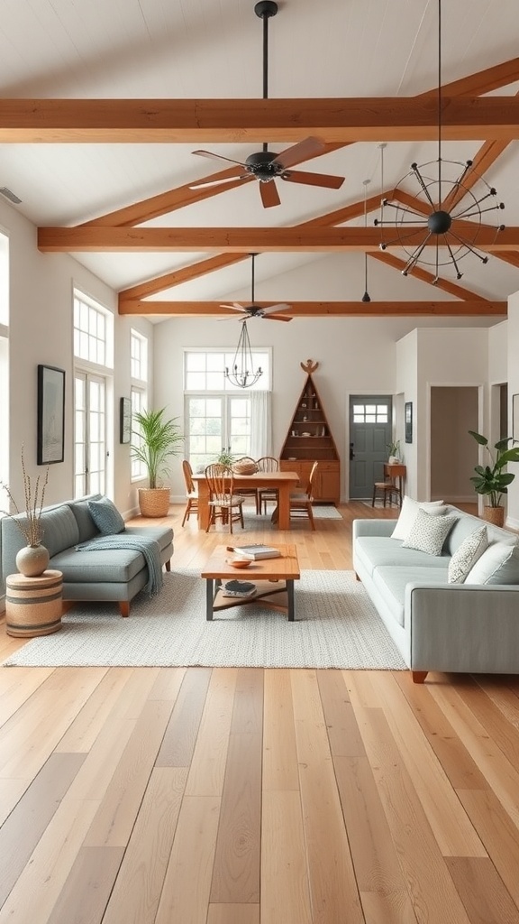 A spacious industrial farmhouse living room with wooden beams, light-colored furniture, and a dining area in the background.
