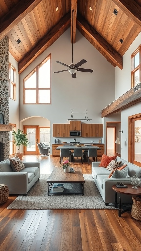 A rustic living room with high ceilings, wooden beams, and an open floor plan featuring comfortable seating and a stylish coffee table.