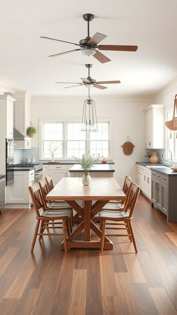 A spacious farmhouse kitchen with an open floor plan, featuring a wooden dining table and modern appliances.
