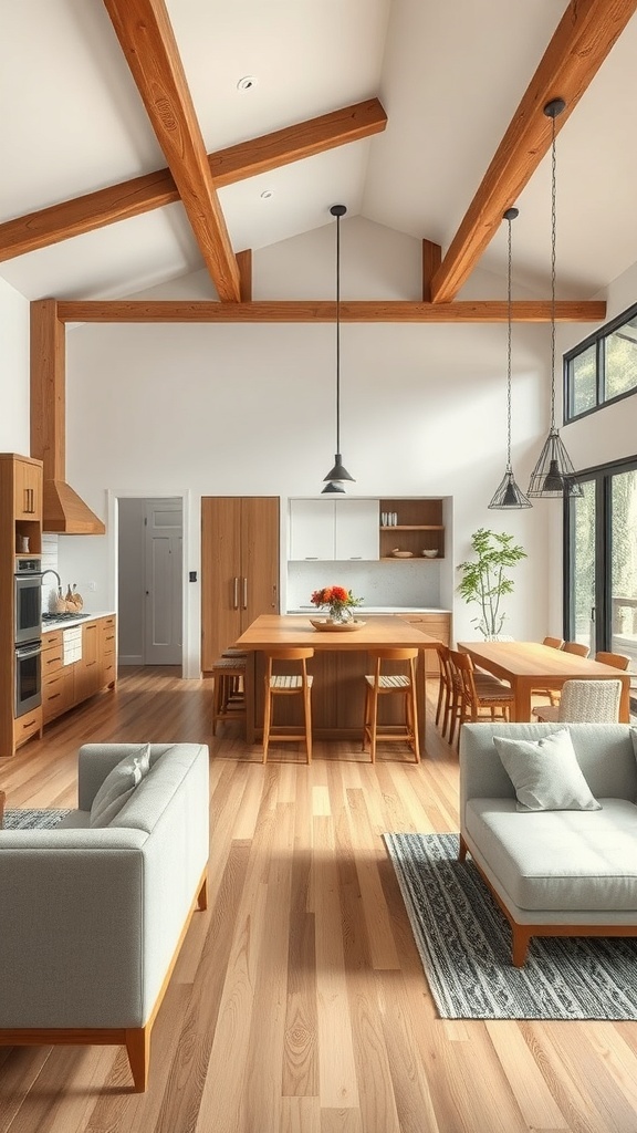 Modern rustic kitchen with open floor plan and natural light.