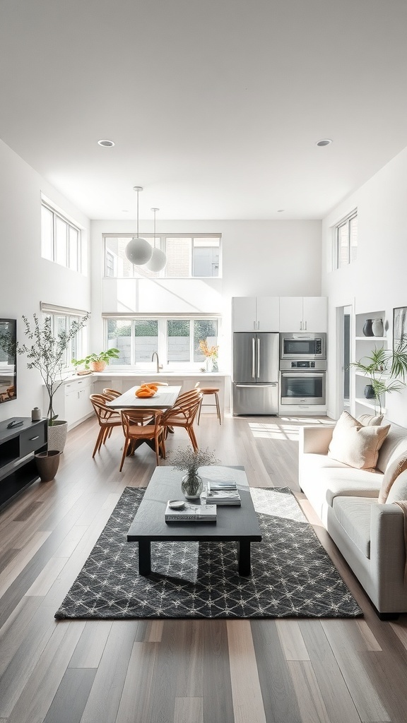 Modern rustic house interior with open floor plan, featuring a kitchen, dining area, and living room.