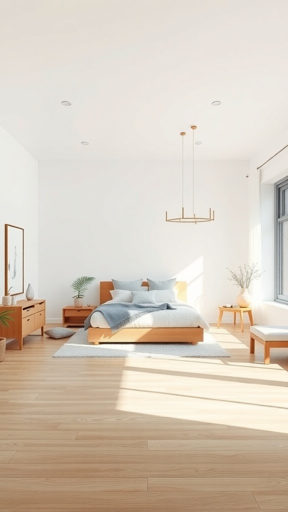 Minimalist bedroom with an open floor plan featuring light wood flooring, a bed with soft linens, and simple furniture.