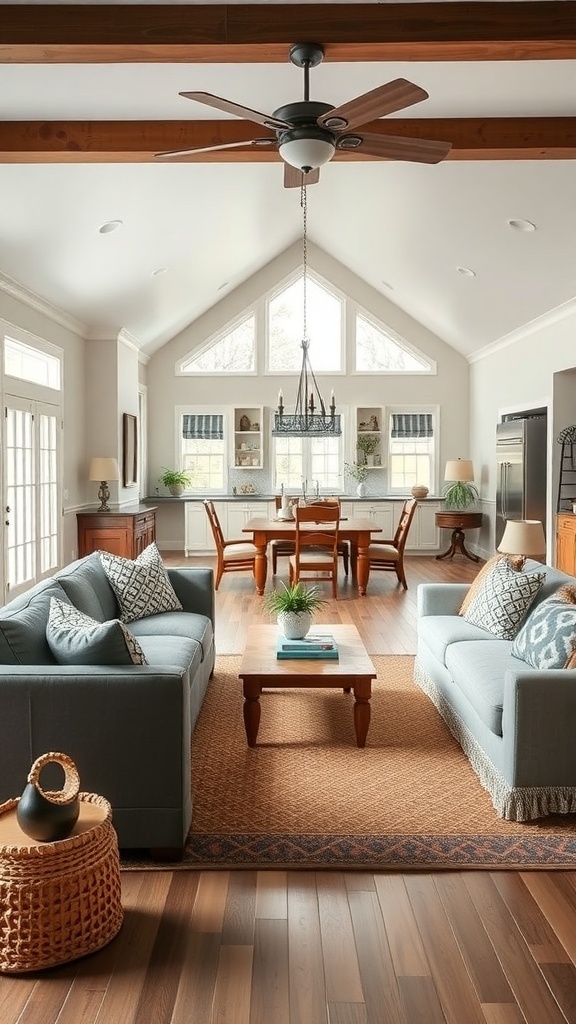 A cozy farmhouse living room with an open floor plan, featuring comfortable sofas, a wooden coffee table, and large windows.