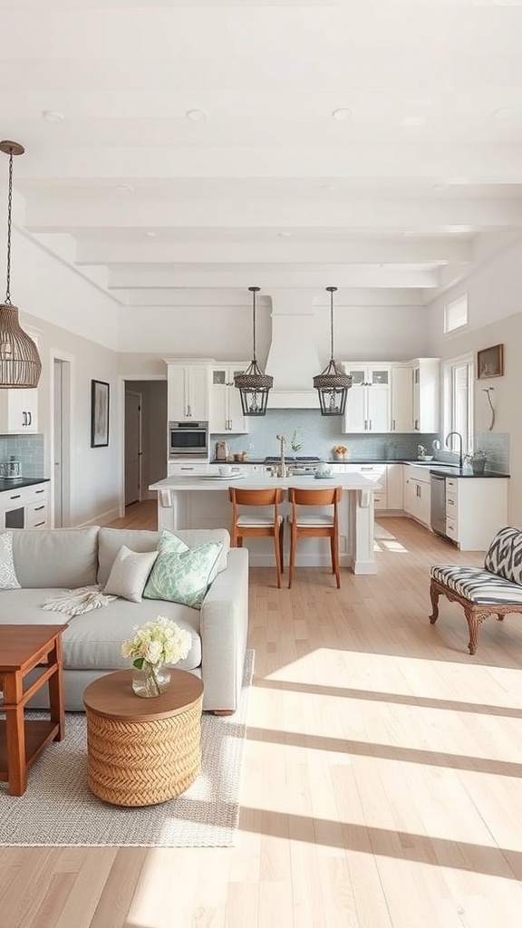 A bright and airy coastal farmhouse living room with an open floor plan, featuring a cozy sofa and a kitchen area.