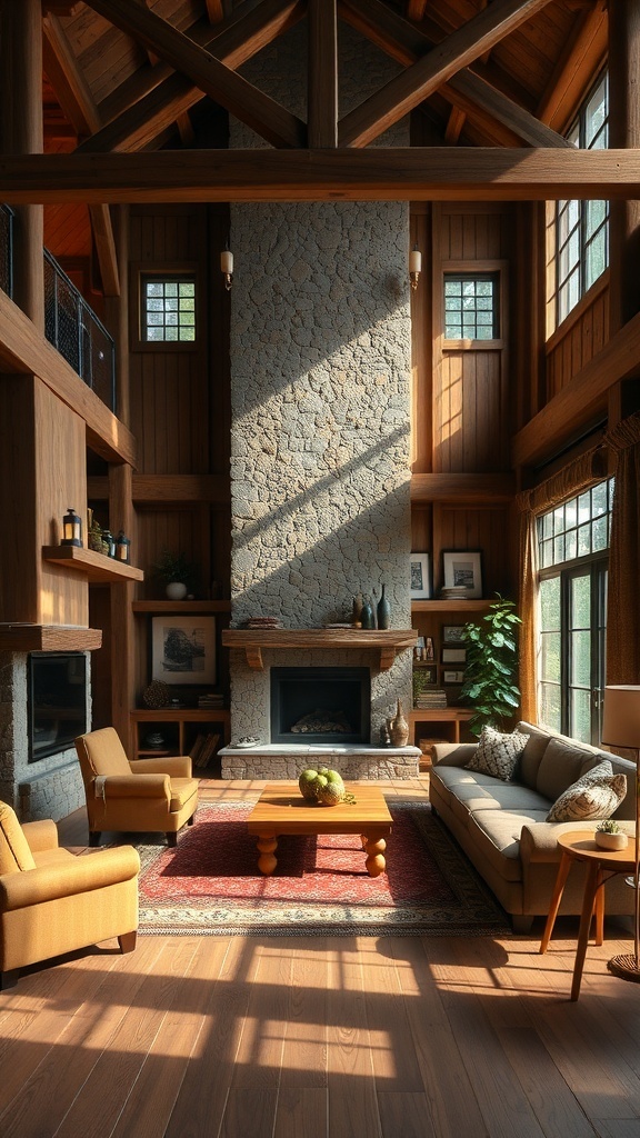 A rustic living room with an open floor plan featuring wooden beams, a stone fireplace, and cozy seating.