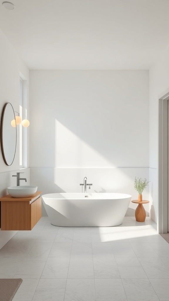 A minimalist bathroom featuring a freestanding tub, simple vanity, and natural light.