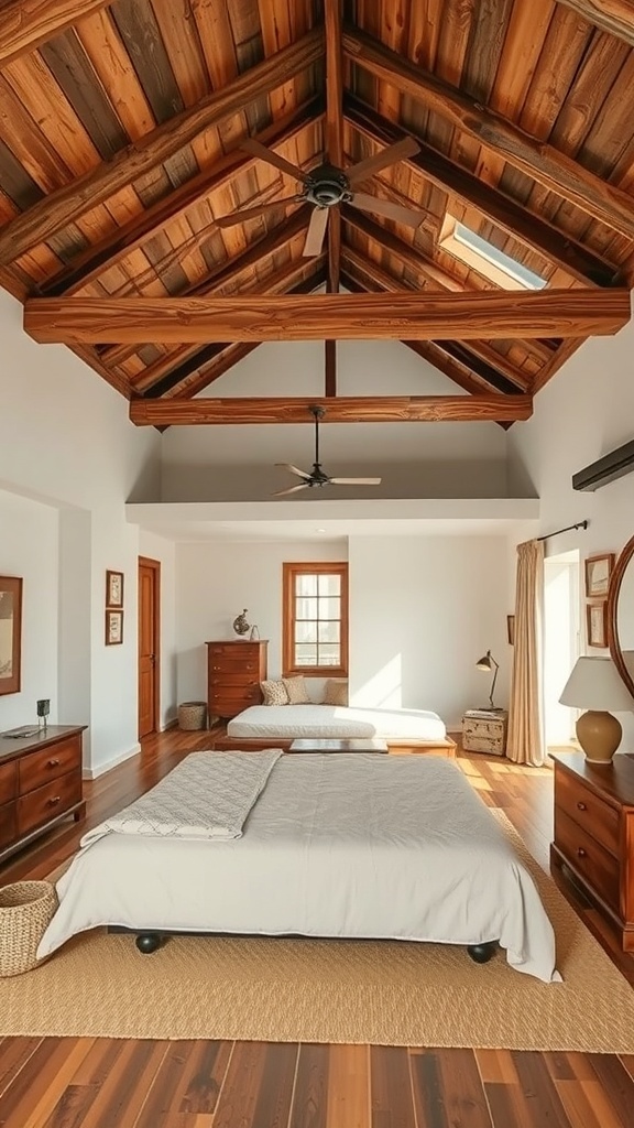 A rustic bedroom featuring wooden beams, a cozy bed, and natural decor.