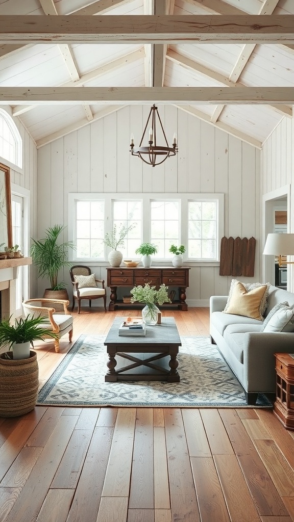 A vintage farmhouse living room featuring an open layout with natural light, cozy seating, and charming decor.
