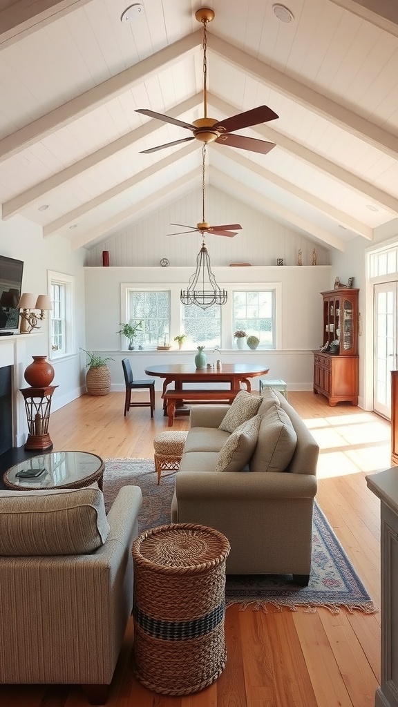 A cozy country cottage living room with high ceilings, large windows, and an open layout.