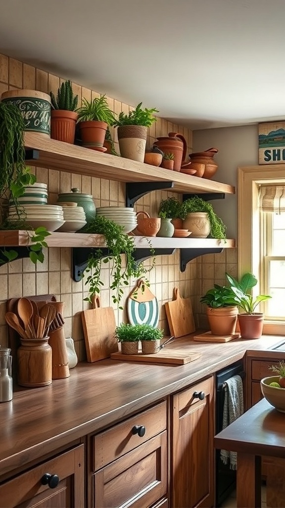 Rustic kitchen with open shelving displaying dishes and plants.