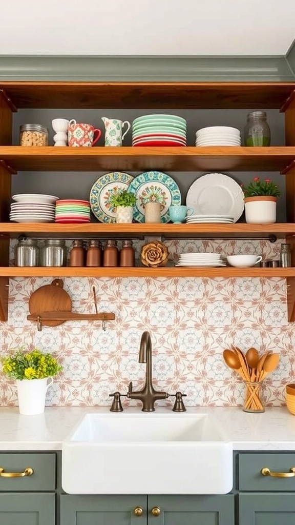 Open shelving displaying plates, bowls, and decorative items above a kitchen backsplash.
