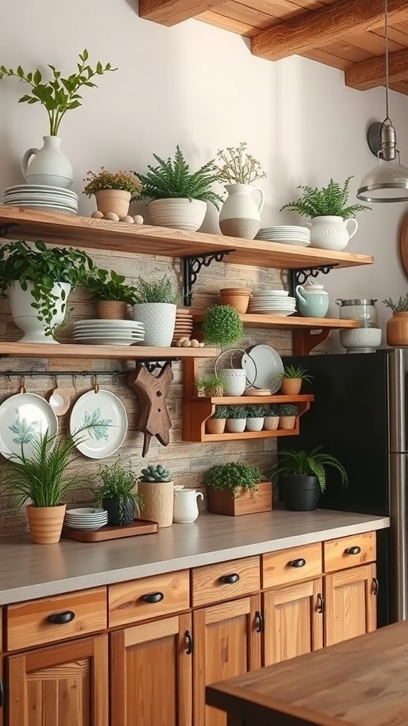 Rustic kitchen with open shelving displaying plants and dishes.