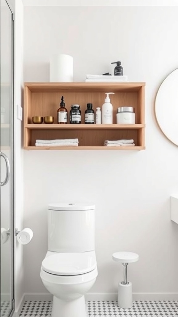 Minimalist bathroom with open shelving and neatly arranged toiletries.