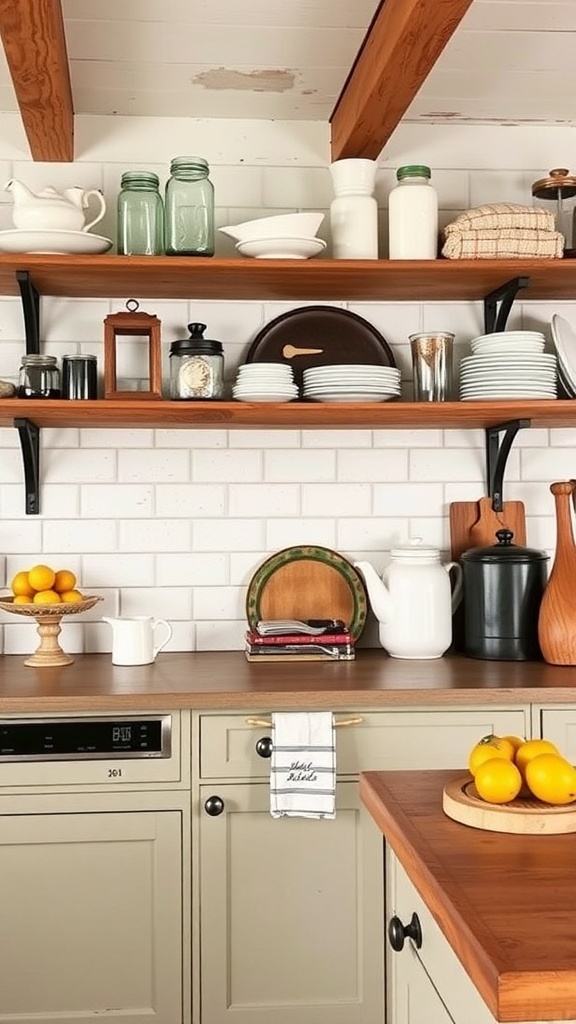 Open shelving in a rustic farmhouse kitchen displaying plates, jars, and fresh ingredients.