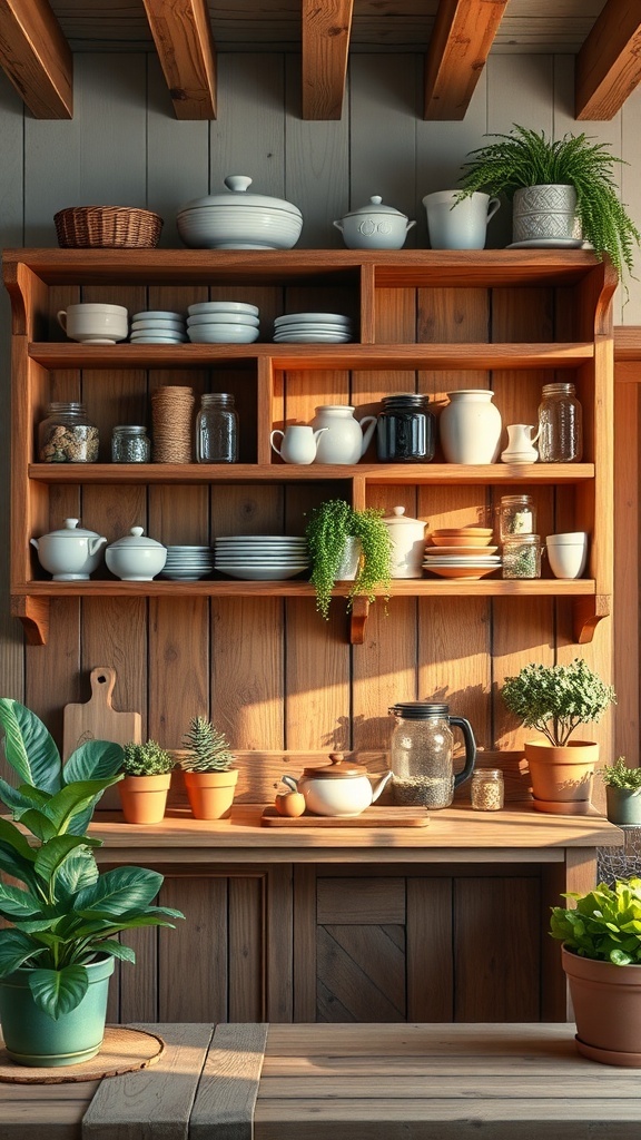 Rustic kitchen with open shelving displaying various dishes and plants.
