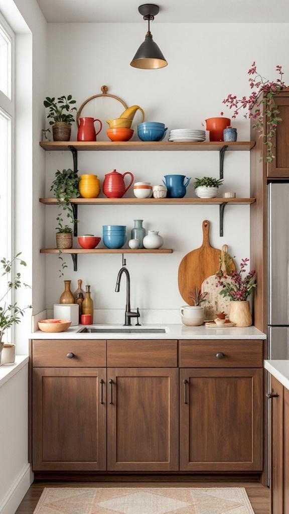 Open shelving in a kitchen displaying colorful dishes and plants