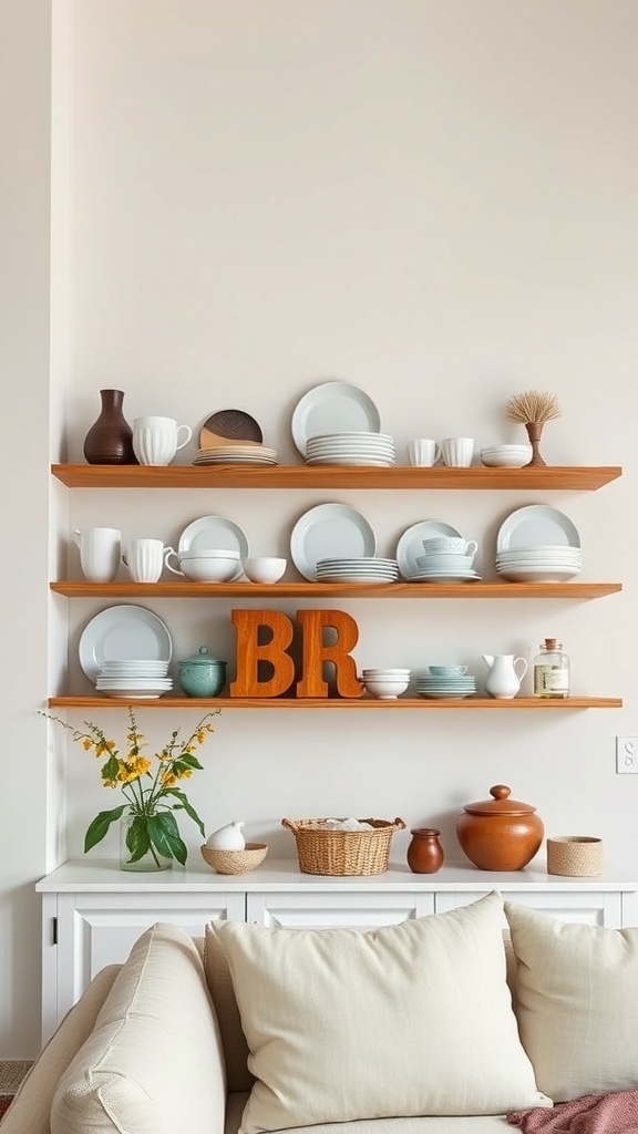 Open shelving displaying plates, mugs, and decorative items in a cozy living room.