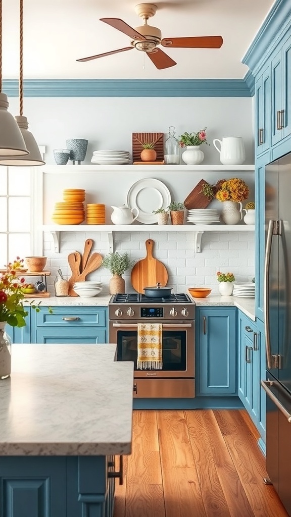 A bright blue farmhouse kitchen featuring open shelving displaying colorful dishes and decor.