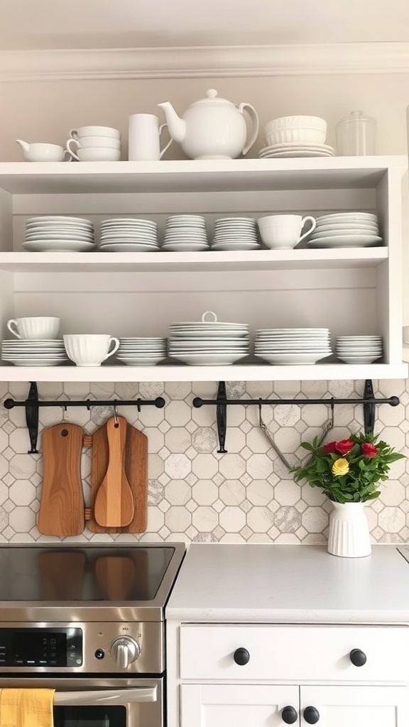 Open shelving displaying white dishware and decorative items in a rustic farmhouse kitchen.