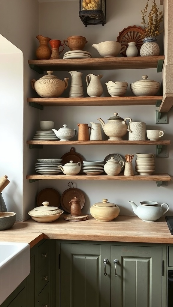 Open shelving with handcrafted pottery in a farmhouse kitchen.