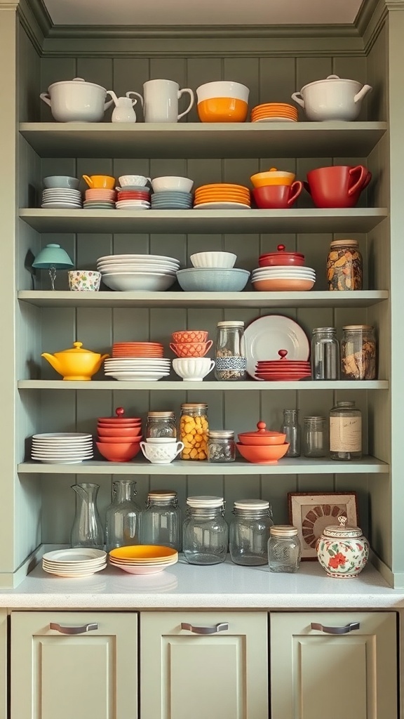 Open shelving displaying various kitchenware in a sage green farmhouse kitchen.