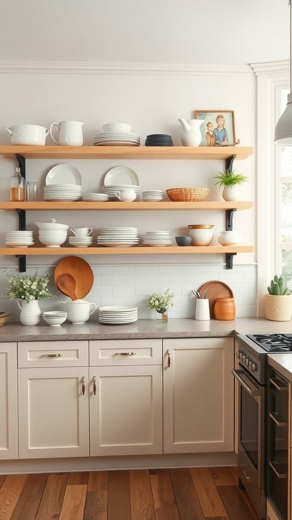 Open shelving displaying neutral dishware in a modern kitchen