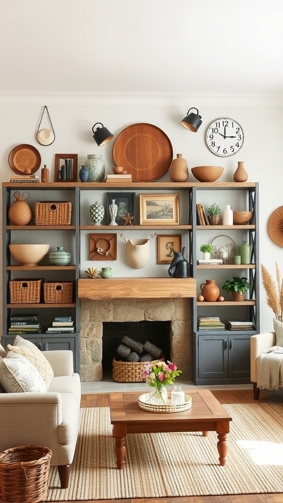 A rustic farmhouse living room with open shelving displaying various decorative items and plants.