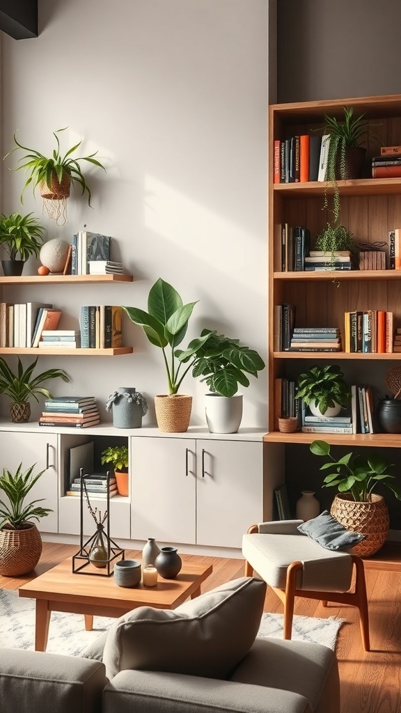 A boho farmhouse living room with open shelving displaying books and plants.
