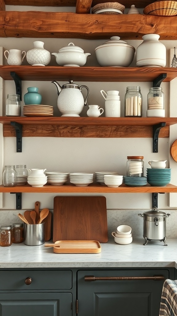 Rustic kitchen with open wooden shelves displaying various dishes and kitchenware.
