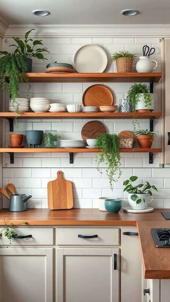 Rustic modern kitchen with open shelving displaying dishes and plants.