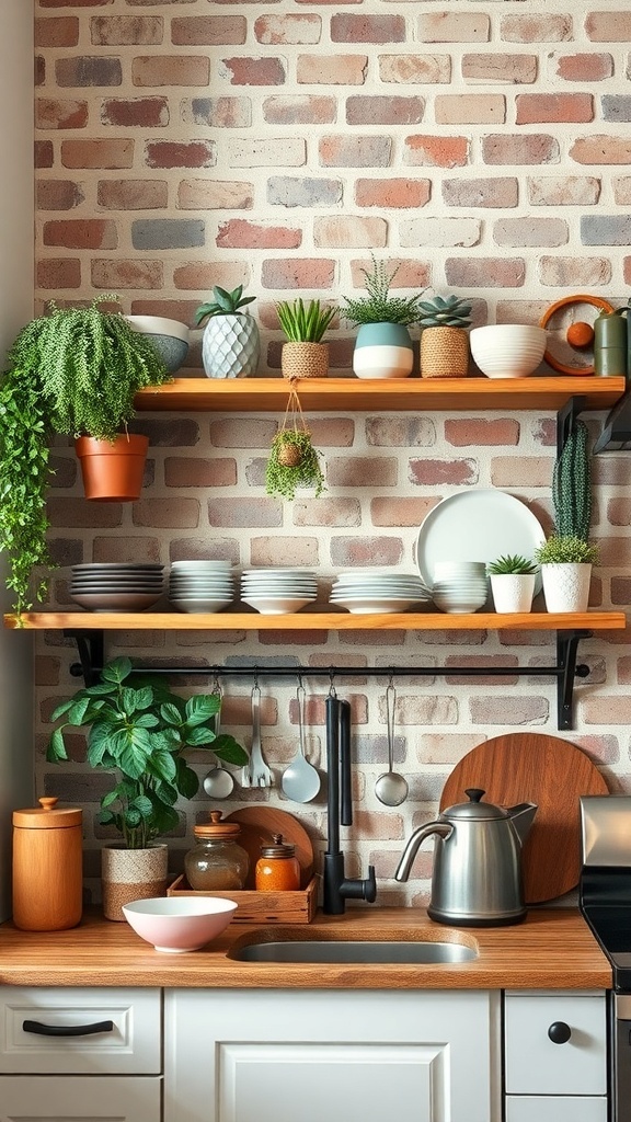 Open shelving in a modern rustic kitchen displaying plants, dishes, and kitchenware.