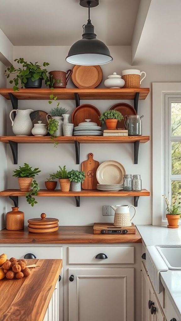 Rustic open shelving display with plants and kitchenware