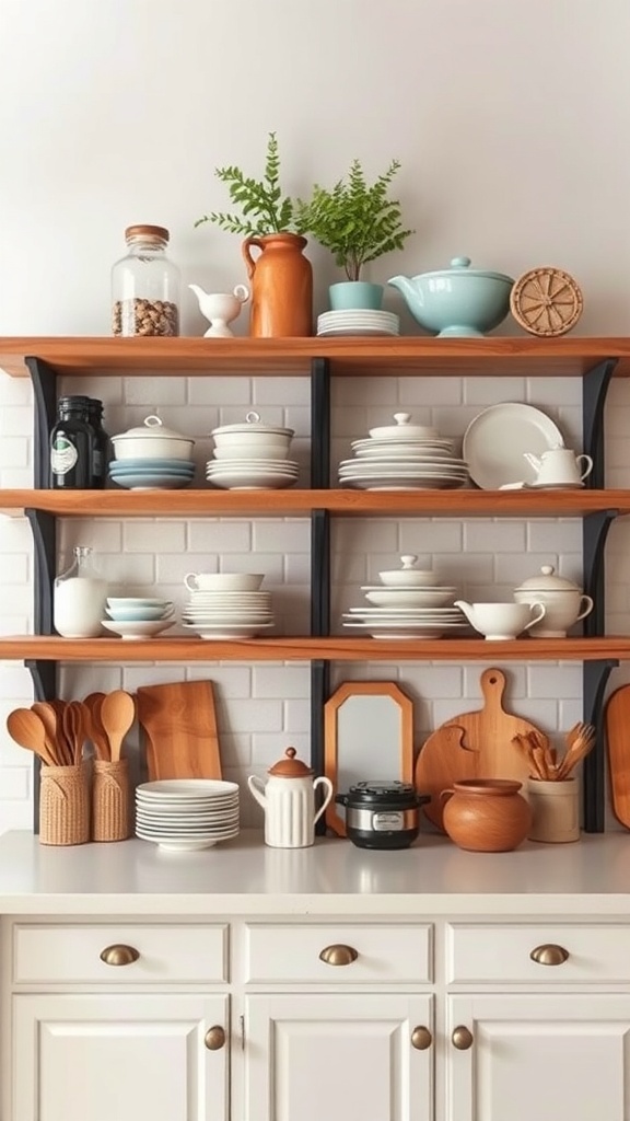 Open shelving with various kitchen items, including plates, pots, and decorative elements.