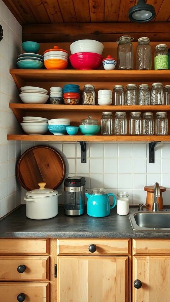 Rustic kitchen with open shelving displaying colorful bowls and jars.