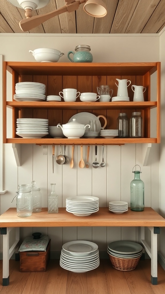 Open shelving in a rustic country kitchen displaying plates, jars, and utensils.