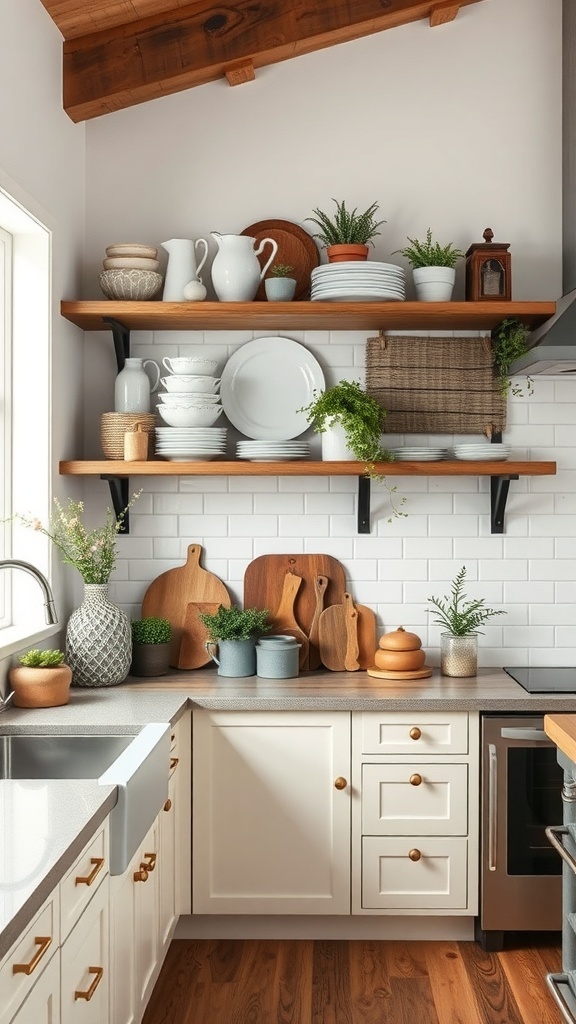 Modern farmhouse kitchen with open shelving displaying dishes and plants.