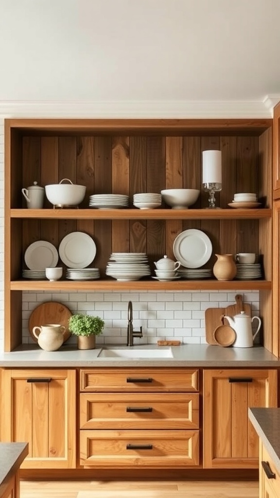 A cozy farmhouse kitchen with open wooden shelving displaying plates, bowls, and decorative items.