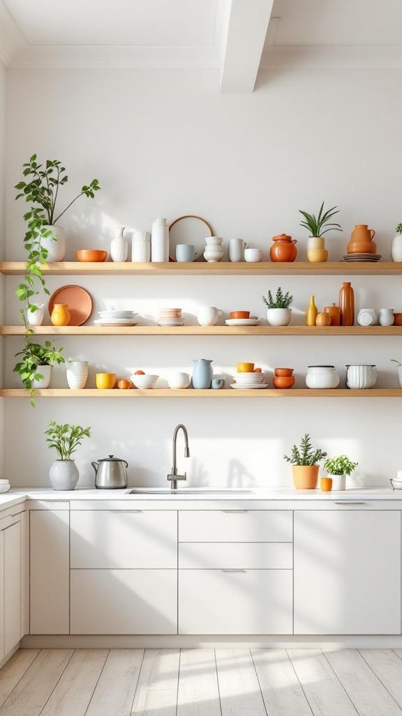 Open kitchen shelving with colorful dishes and plants